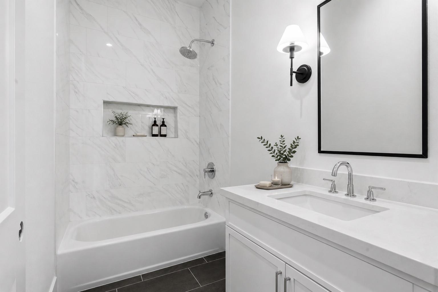 Bathroom with a marble-look tub and shower surround, recessed niche, and white vanity beneath a black-framed mirror.