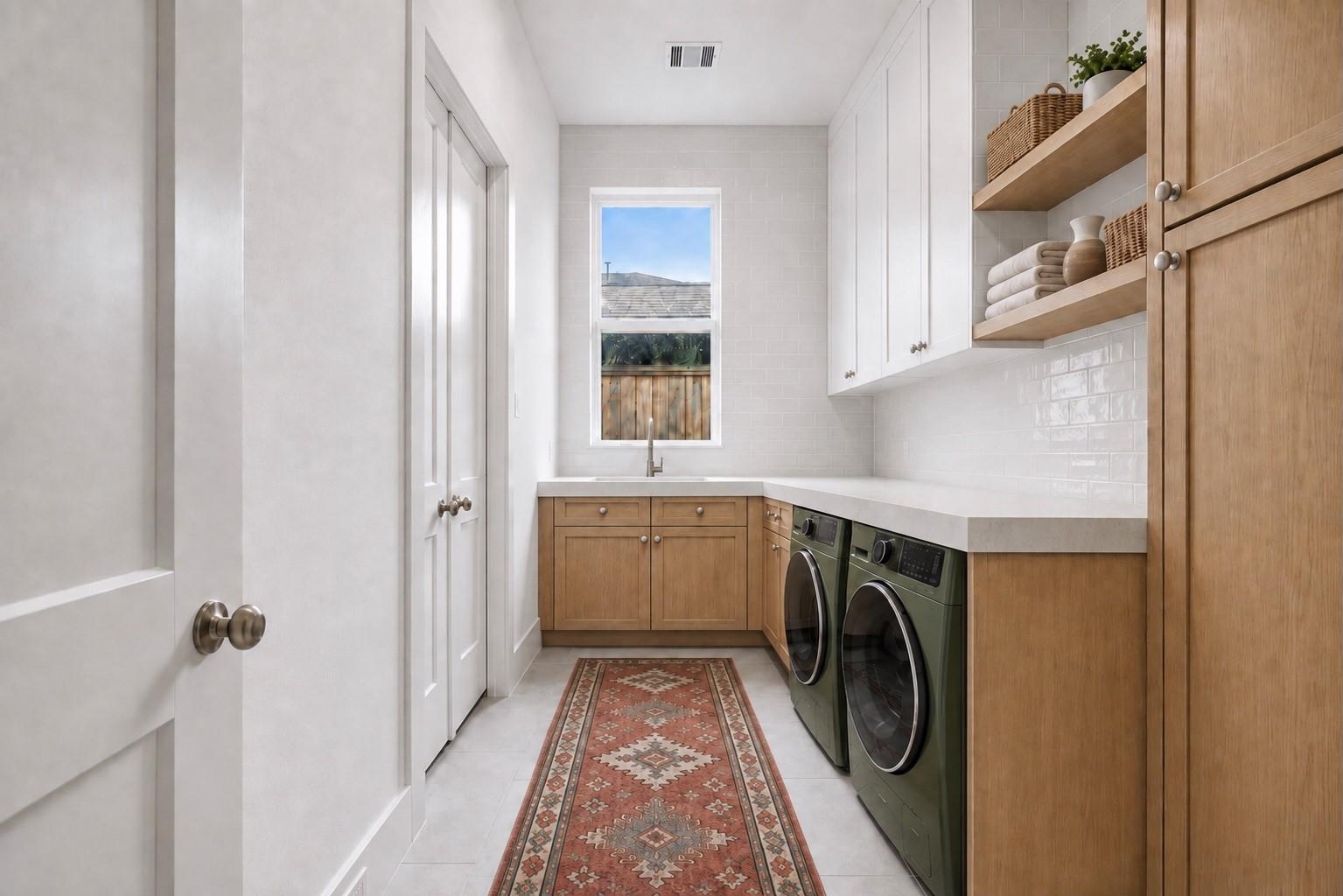 Laundry room with front-loading machines, wood cabinetry, open shelves, and a patterned runner rug.