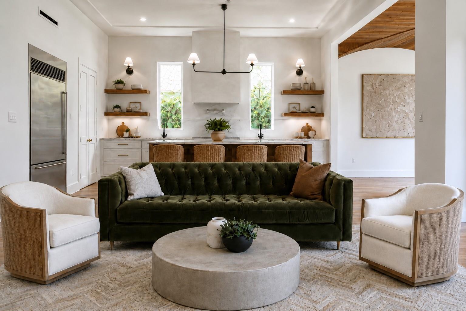 Living room with a dark green tufted sofa facing a round coffee table, with the kitchen behind it.