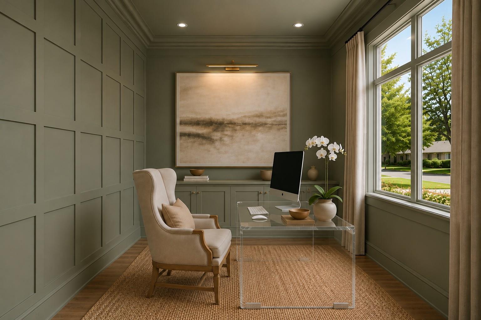Home office with olive-green paneling, a glass desk, and a large window overlooking trees.