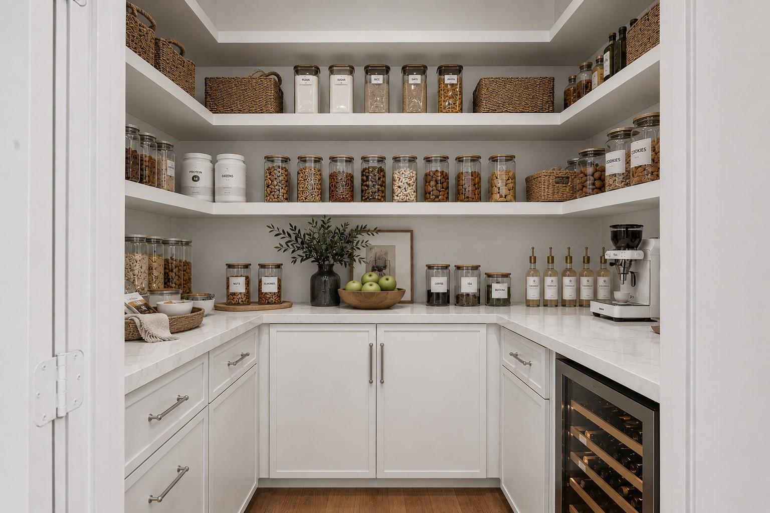 Walk-in pantry with organized shelves of jars, a coffee station, marble counters, and a wine refrigerator.