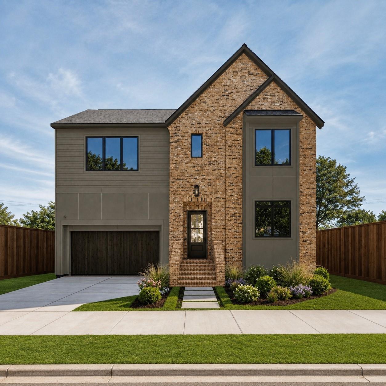 Two-story brick-and-gray house with an attached garage and landscaped front entry.