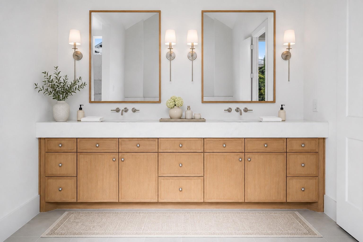 Bathroom with a long double vanity, light wood cabinets, and two framed mirrors.