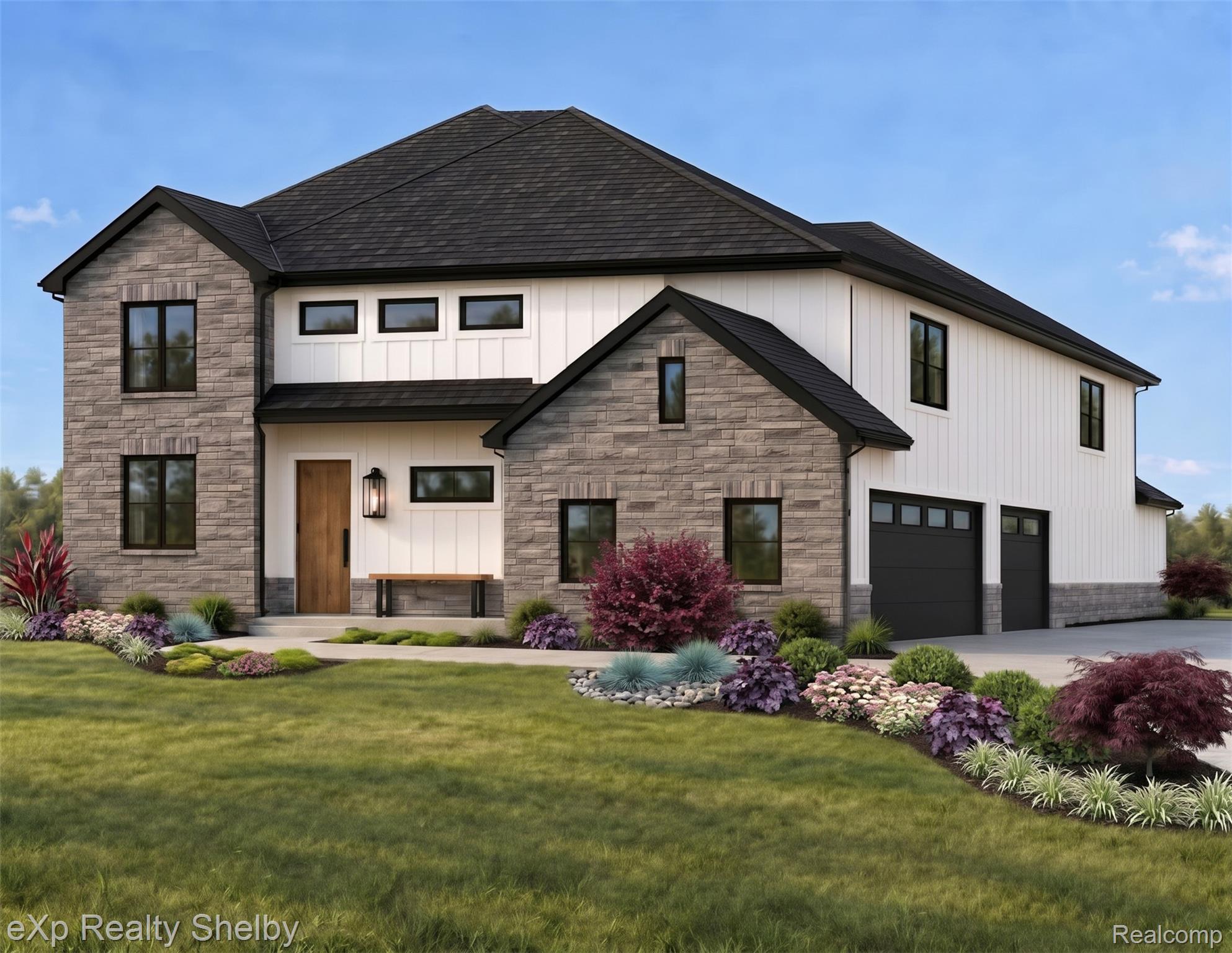 Two-story home with stone and white siding, two garages, and landscaped front yard.
