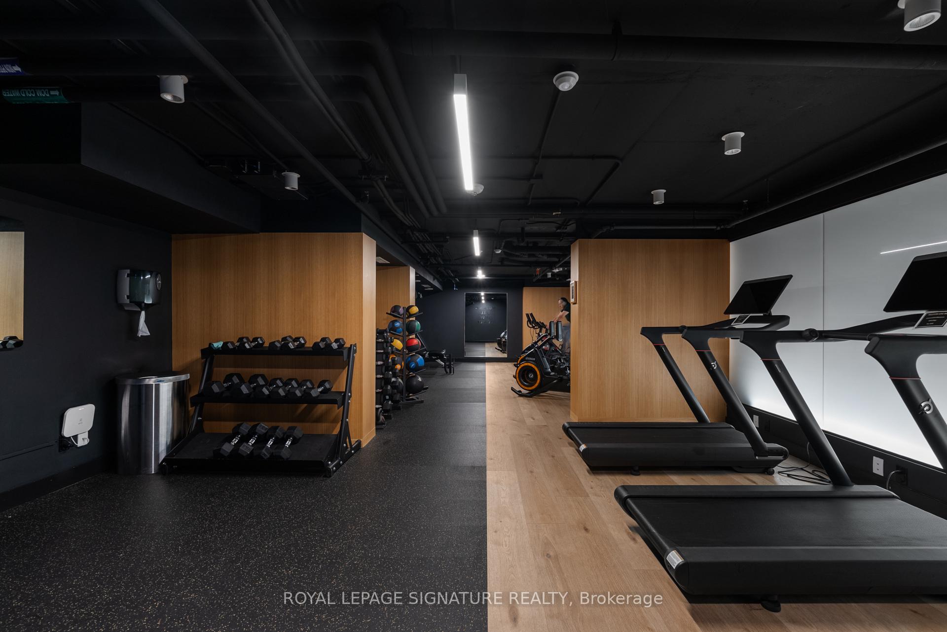 Condominium gym with treadmills, dumbbell racks, and wood partitions.