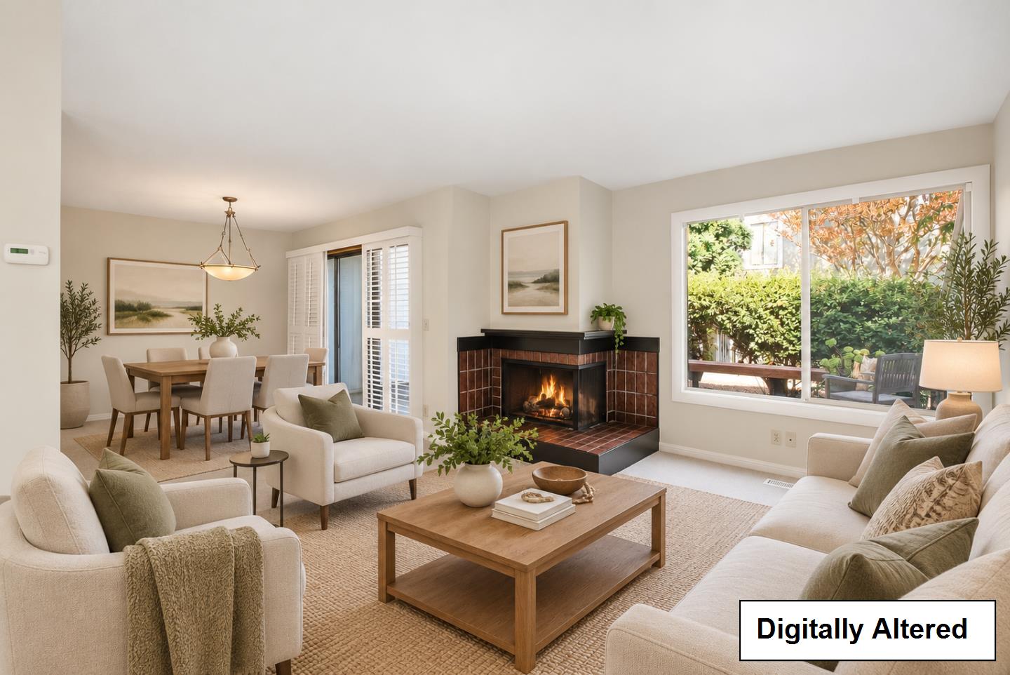 Staged living room with a tiled fireplace, adjoining dining area, and large garden-facing window.