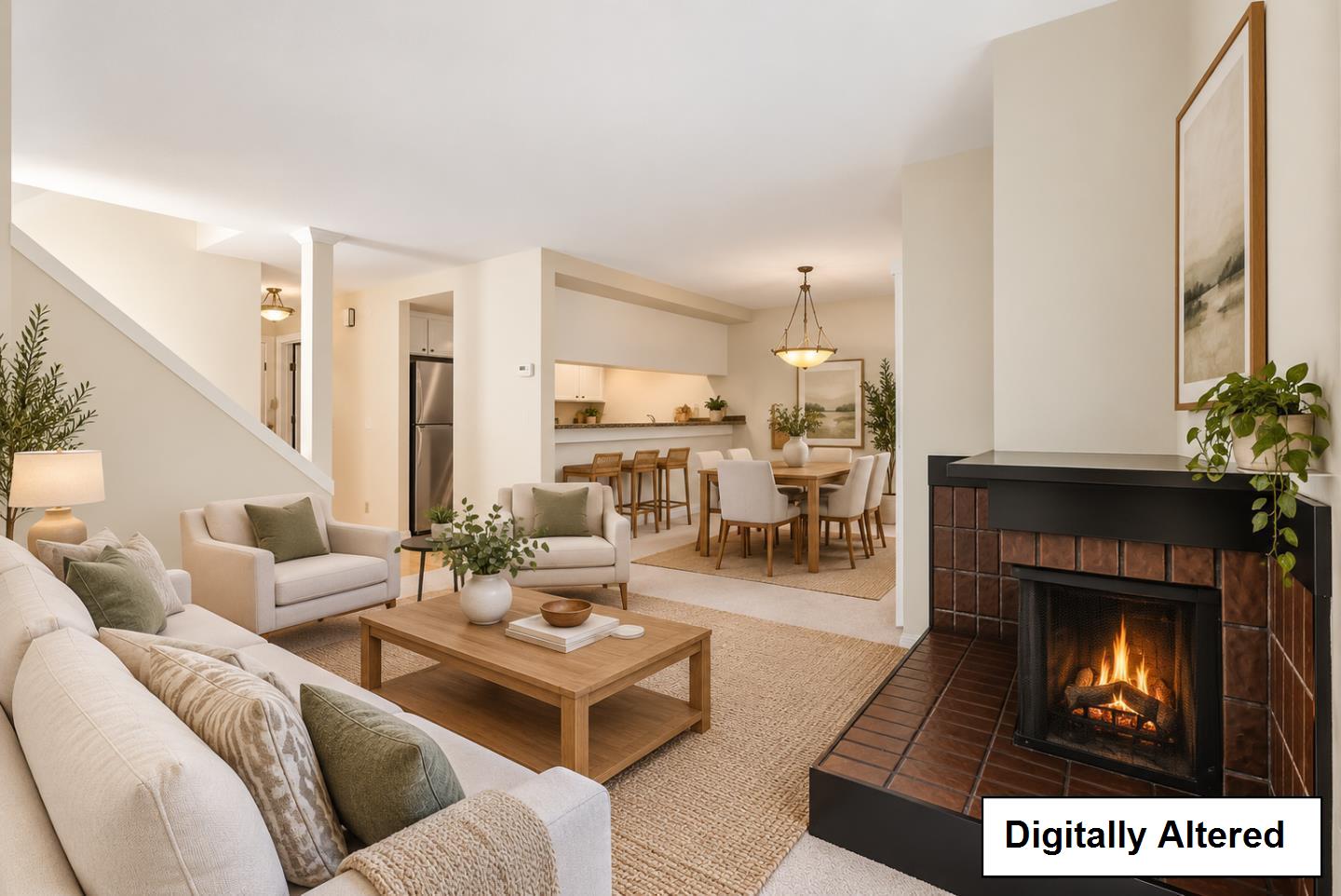 Staged living room with a brick fireplace, neutral seating, and an open dining area and kitchen.