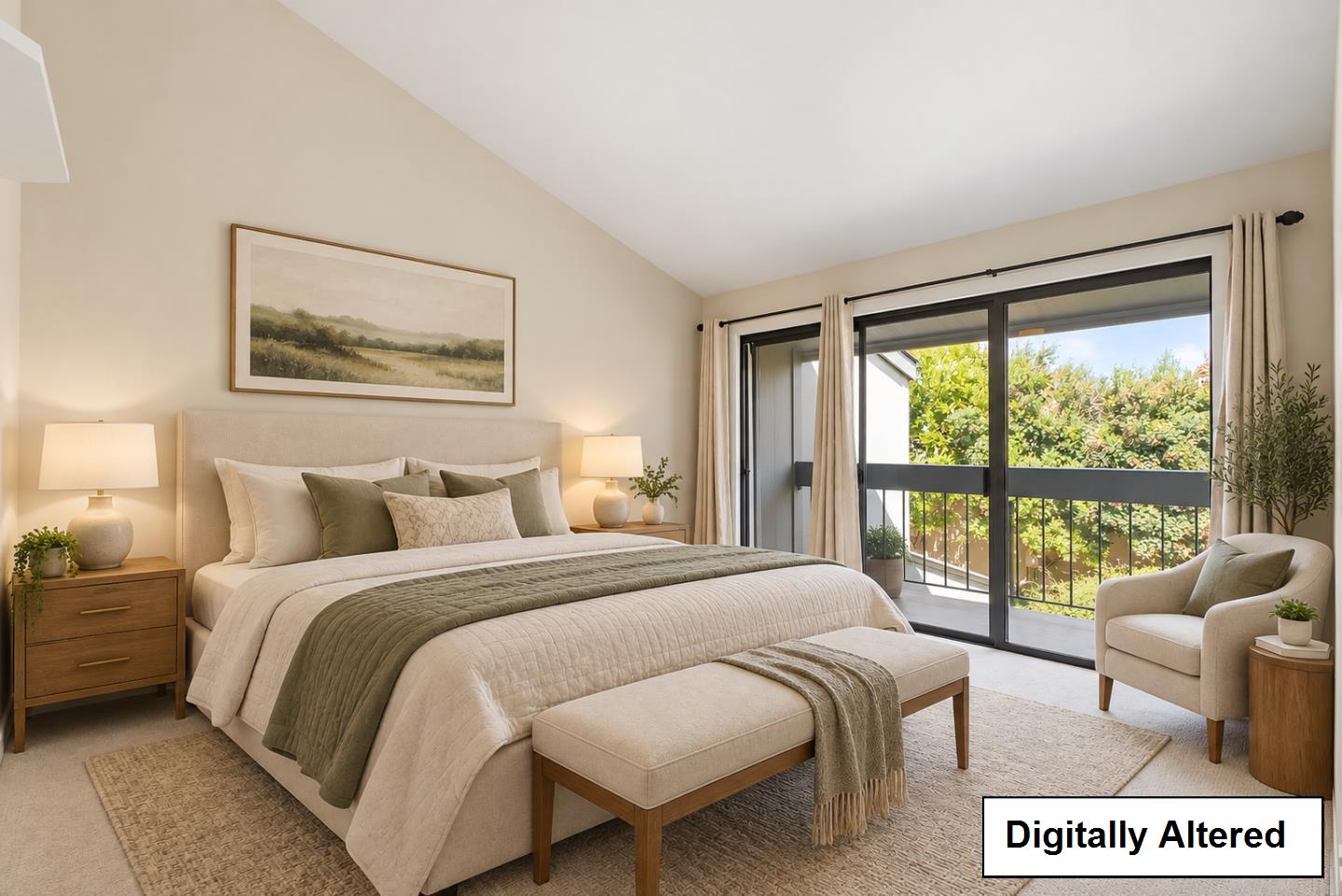 Staged bedroom with a king-size bed and sliding glass doors opening to a balcony.