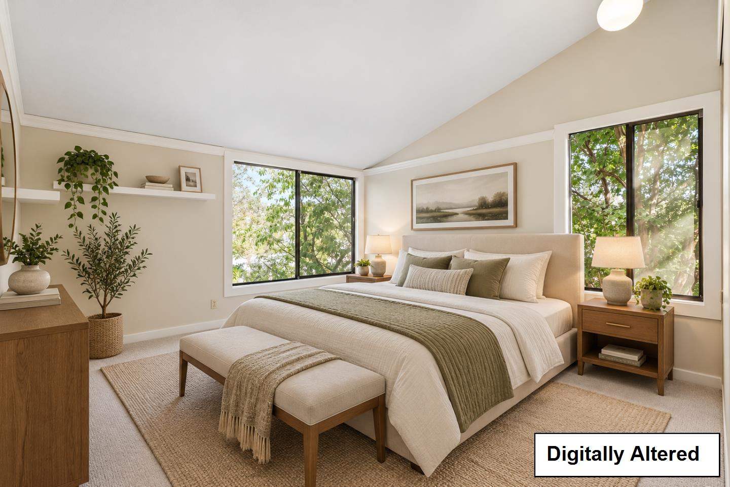 Staged bedroom with a large bed, upholstered bench, and broad windows overlooking leafy trees.