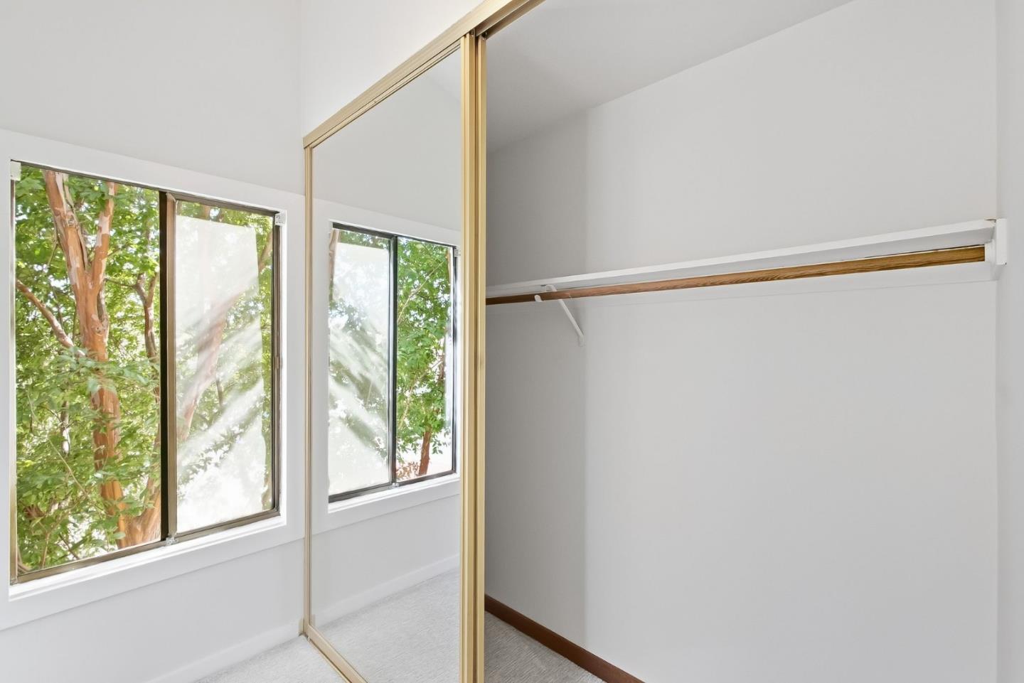 Empty closet with mirrored sliding door, wooden hanging rod, and a window overlooking leafy trees.