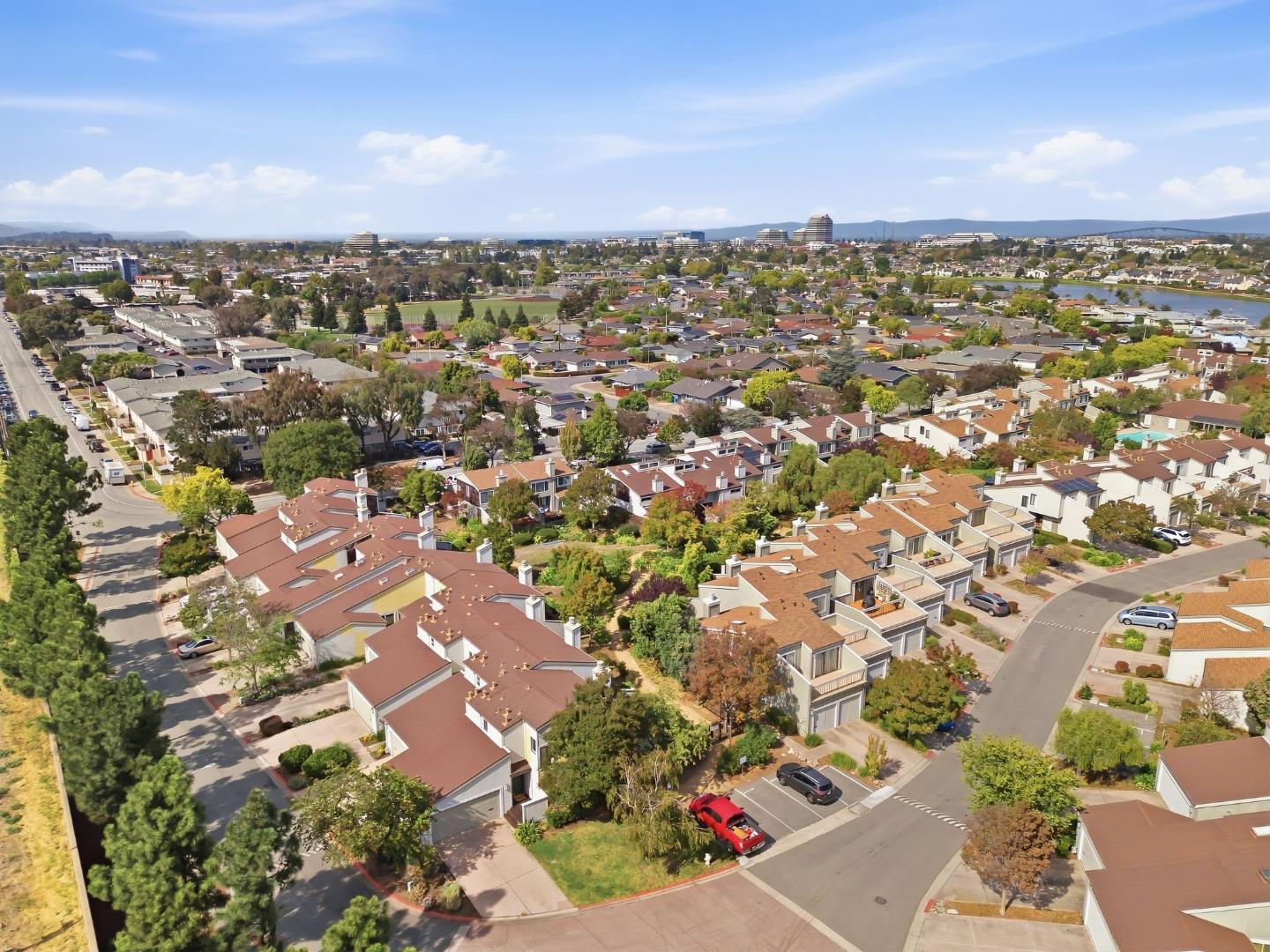 Aerial view of San Mateo homes and tree-lined streets with office buildings in the distance.