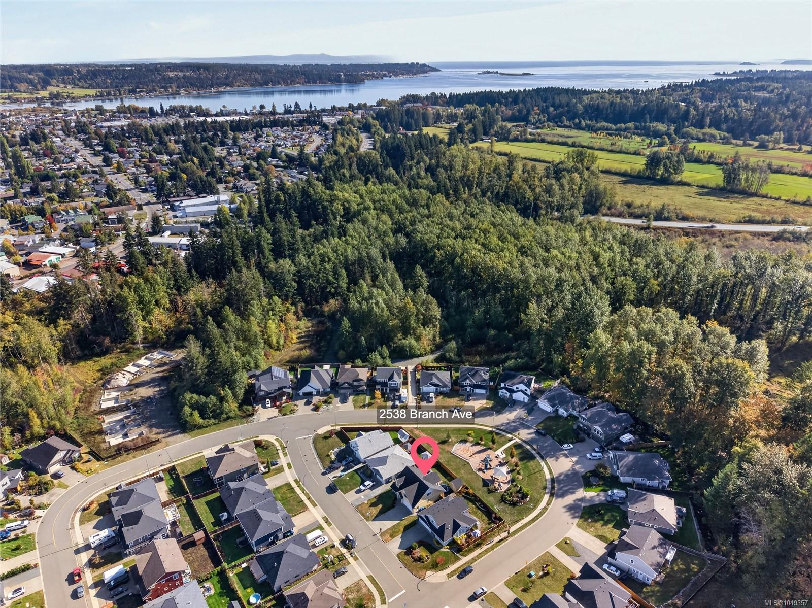 Aerial view of 2538 Branch Ave, marked with a pink pin amid homes, forest, and a distant inlet.
