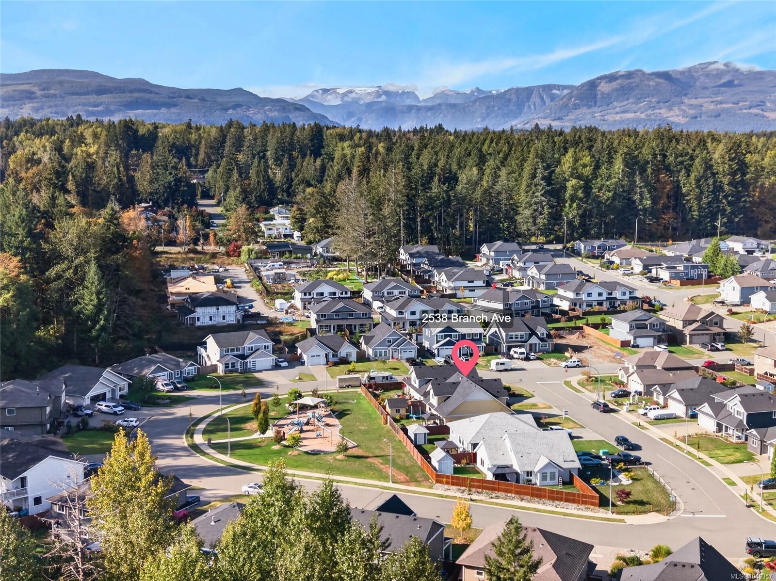 Aerial neighborhood view marking 2538 Branch Ave, with forest and mountains in the distance.