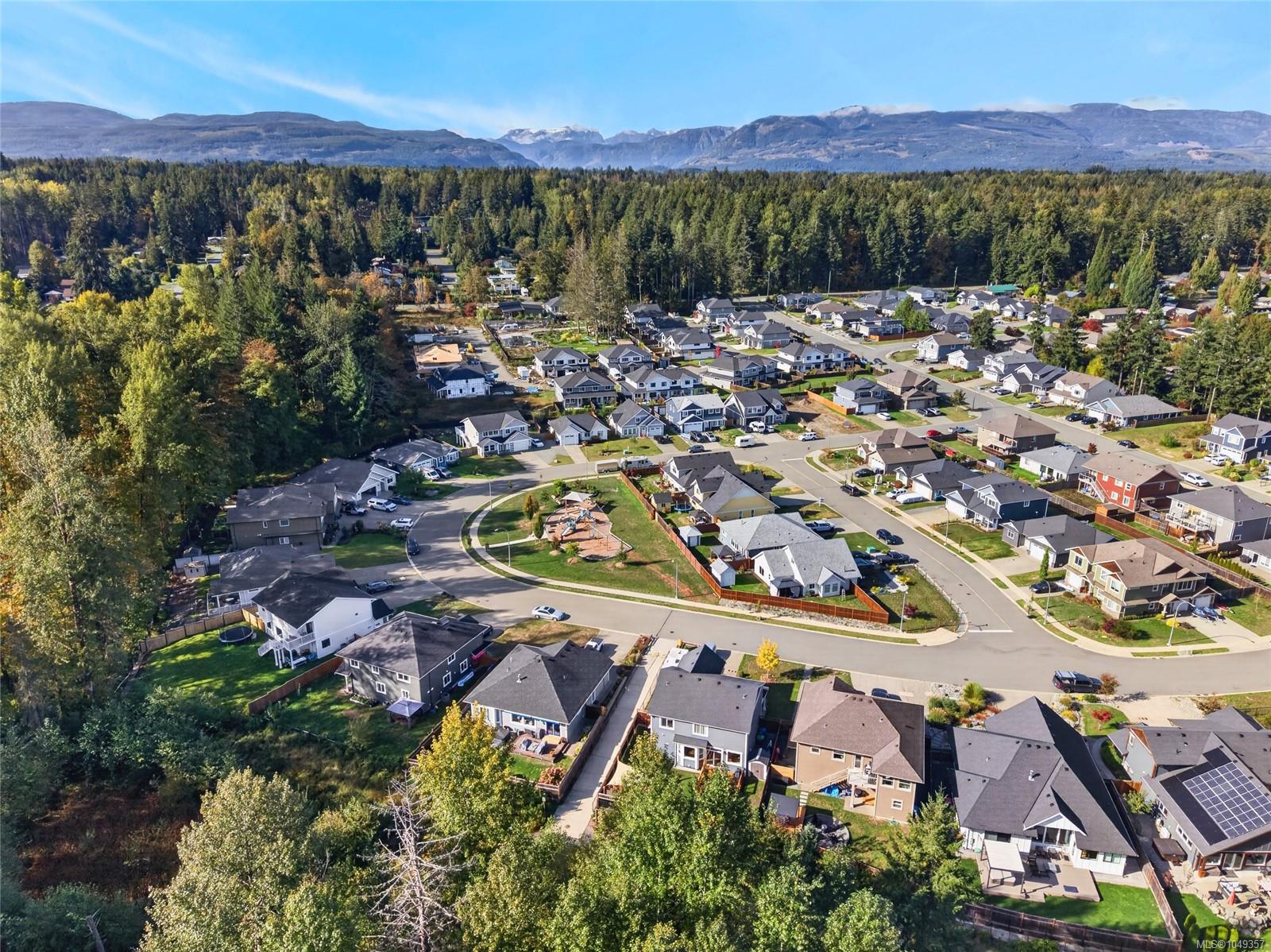 Aerial view of homes along a curving street, with forest and mountains beyond.