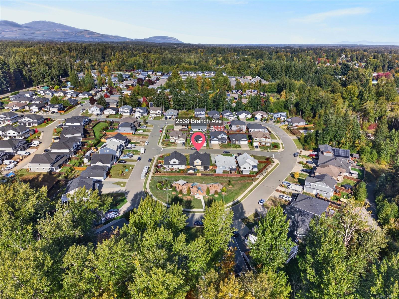 Aerial neighborhood view marking 2538 Branch Ave, with forest and distant mountains.