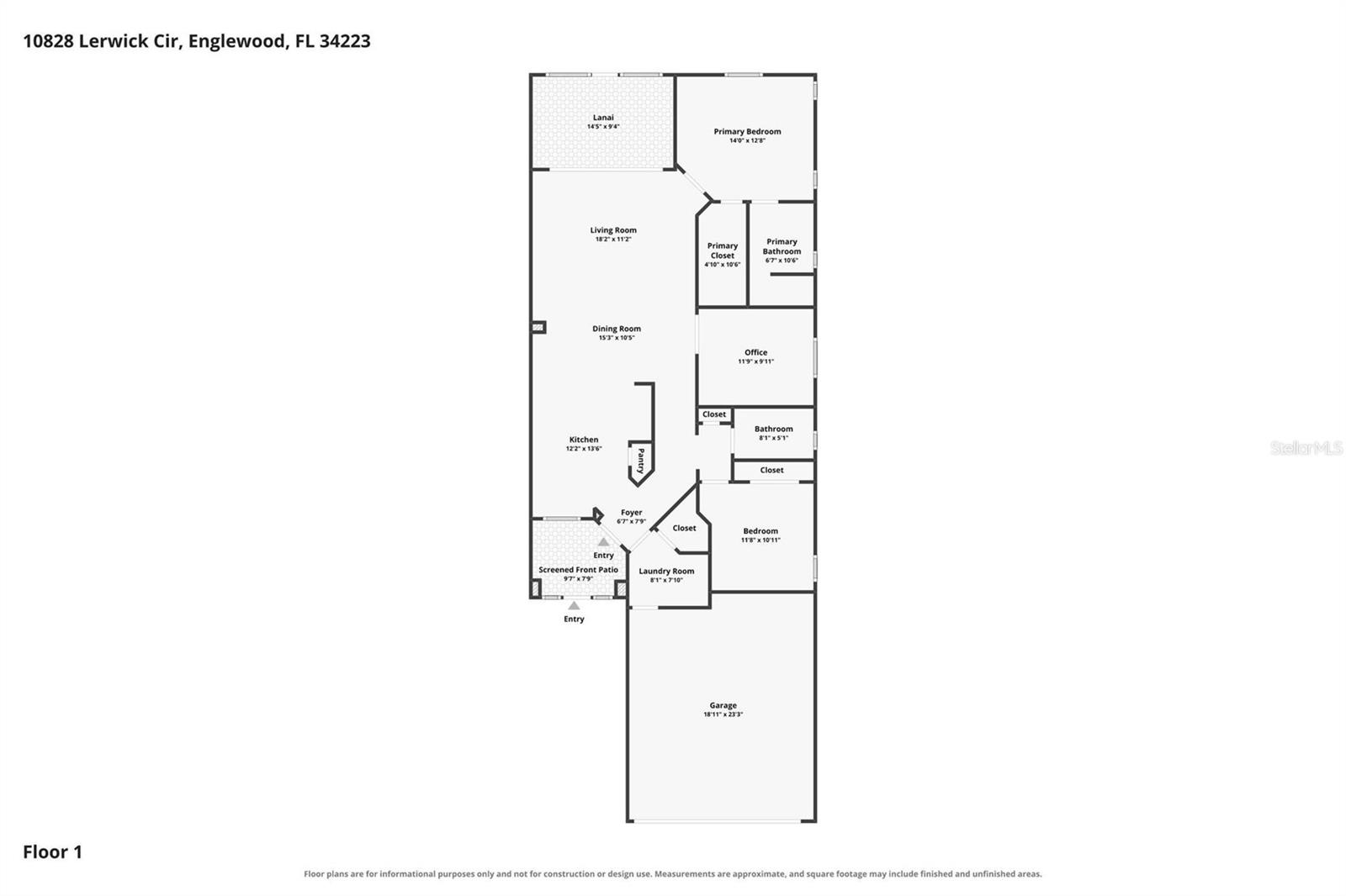 Floor plan showing the home’s bedrooms, living and dining rooms, kitchen, lanai, screened patio, and garage.