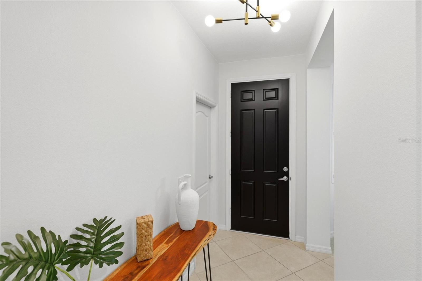 Entryway with a black front door, wood console table, and white ceramic vase.