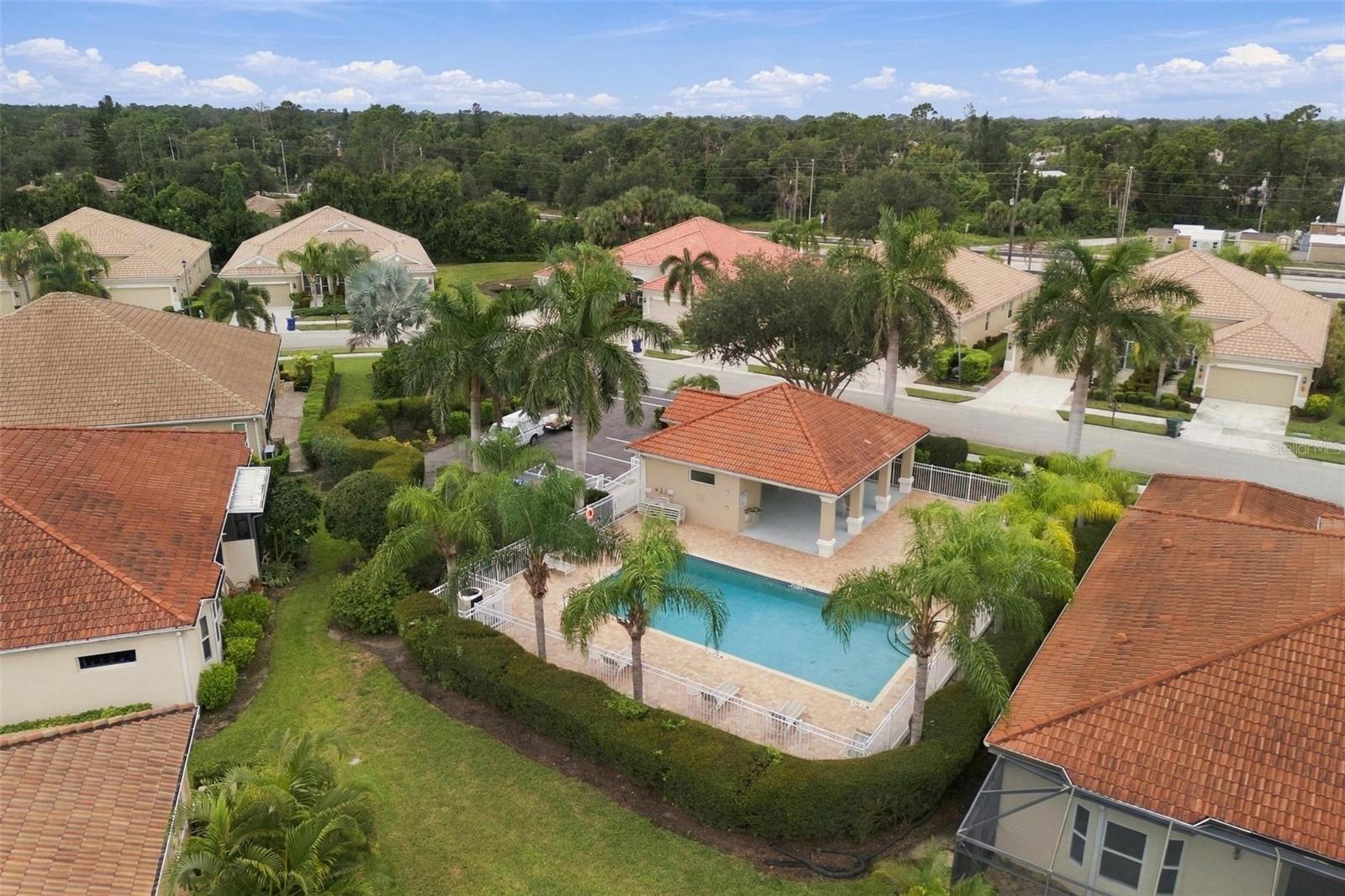 Aerial view of a community pool and pavilion surrounded by palm trees and homes.