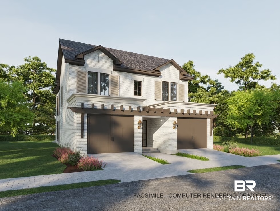 Rendered two-story white house with two garage doors, a dark roof, and landscaped grounds.