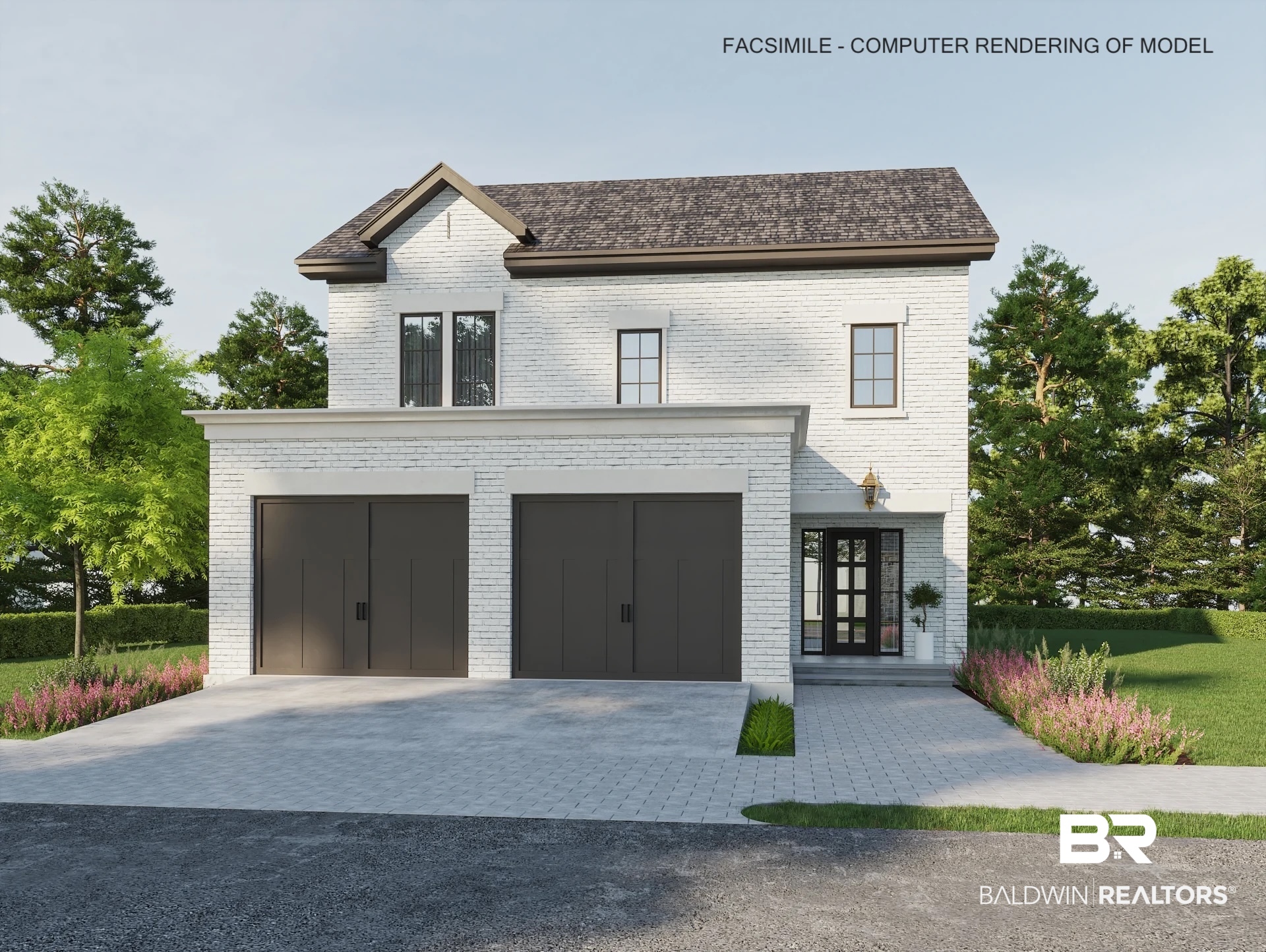 Rendered two-story white brick house with a dark roof, double garage, and landscaped front yard.