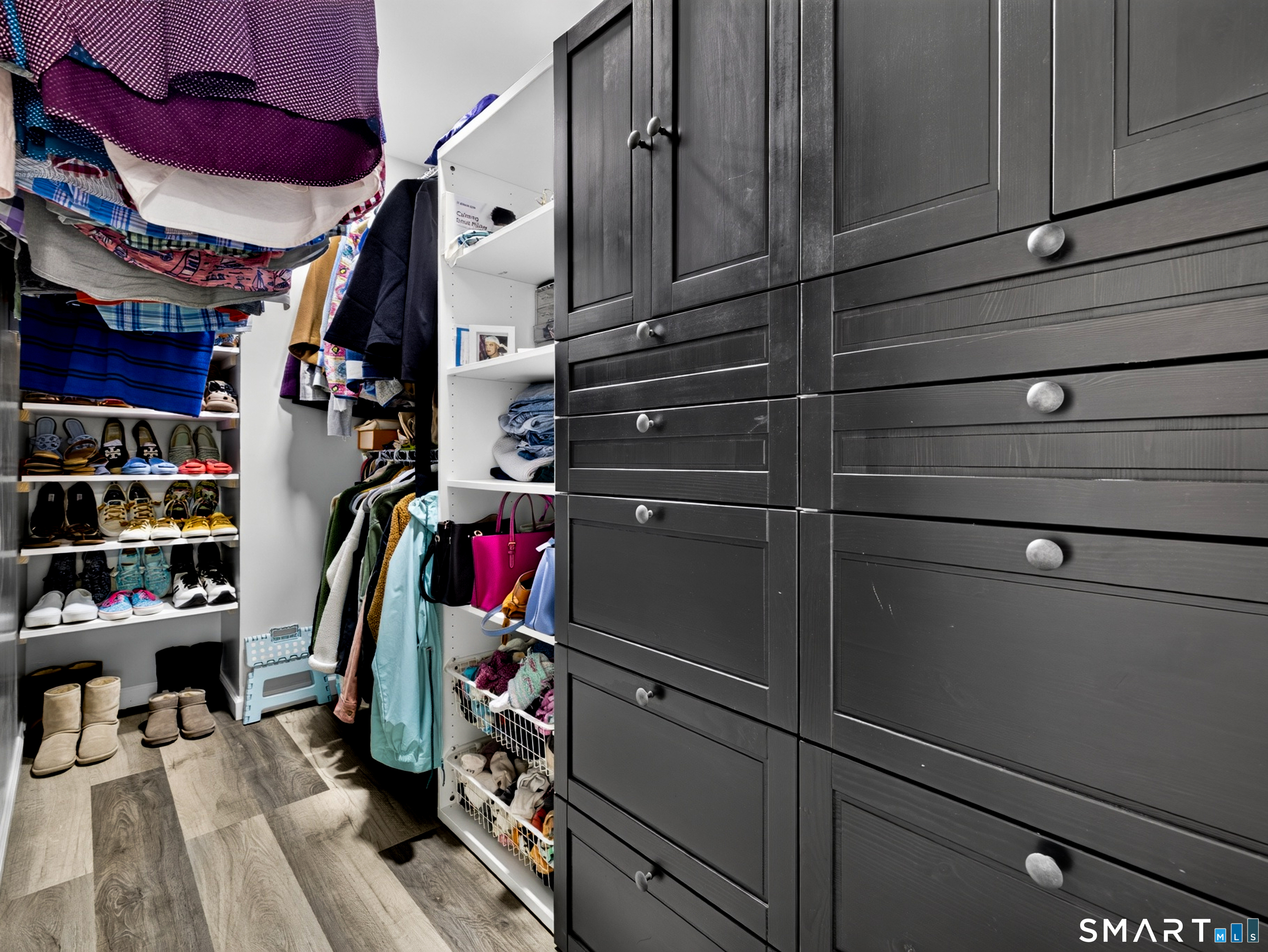 Walk-in closet with dark built-in drawers, open shelving, hanging clothes, and rows of shoes.
