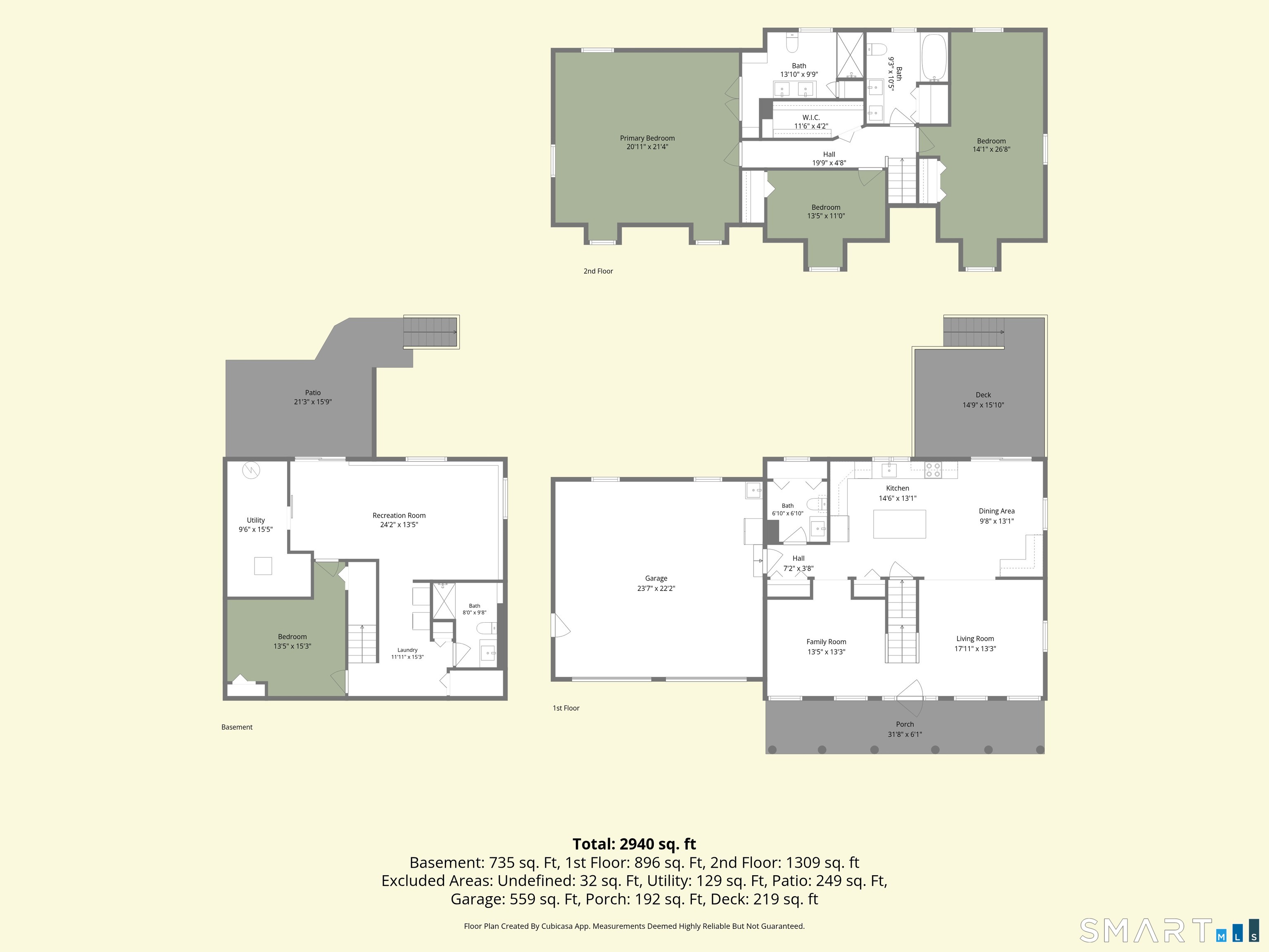 Floor plan showing basement, first and second floors, patio, deck, and room dimensions.
