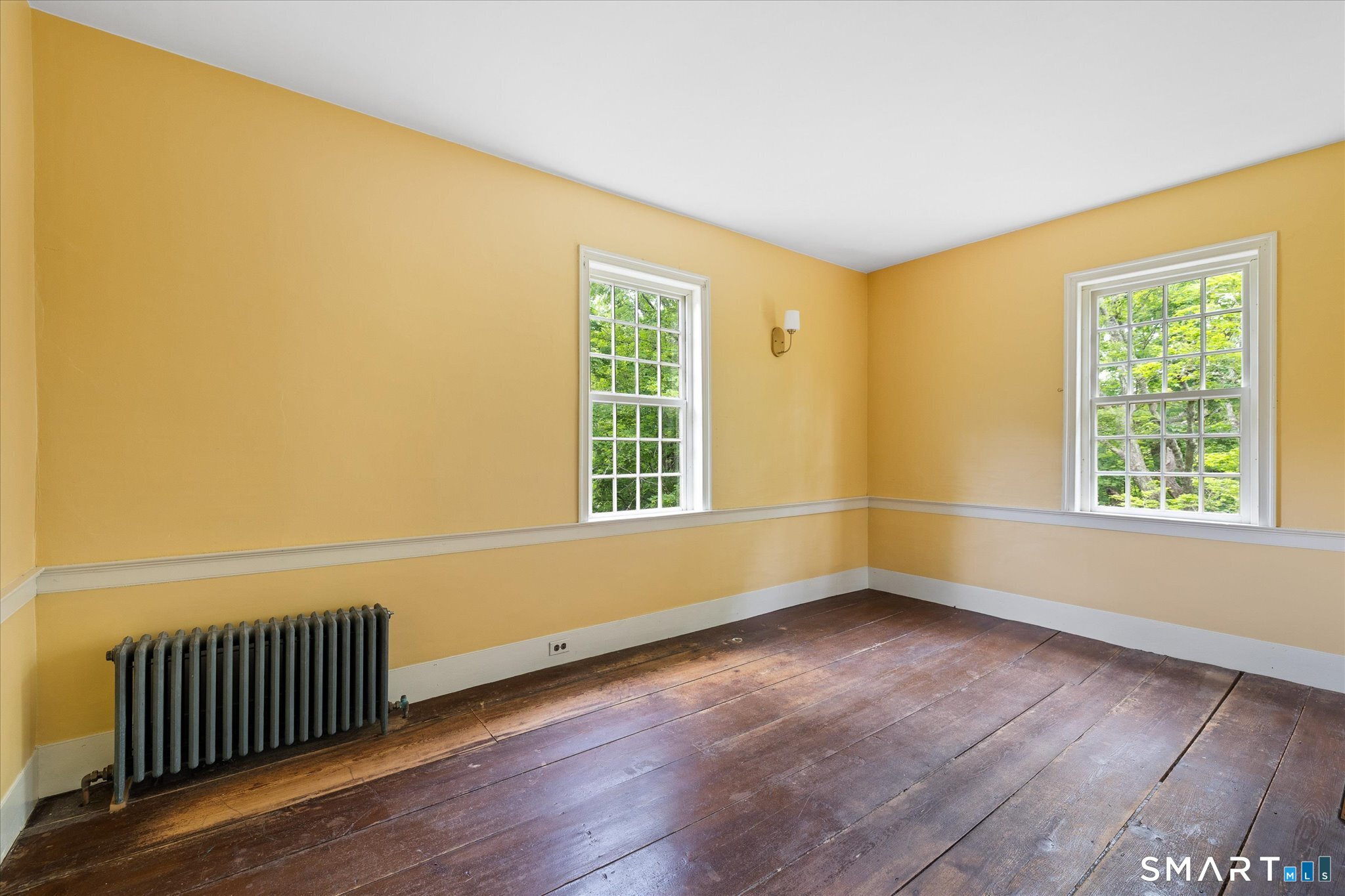 Empty yellow room with two tree-facing windows, wide-plank wood floors, and a cast-iron radiator.