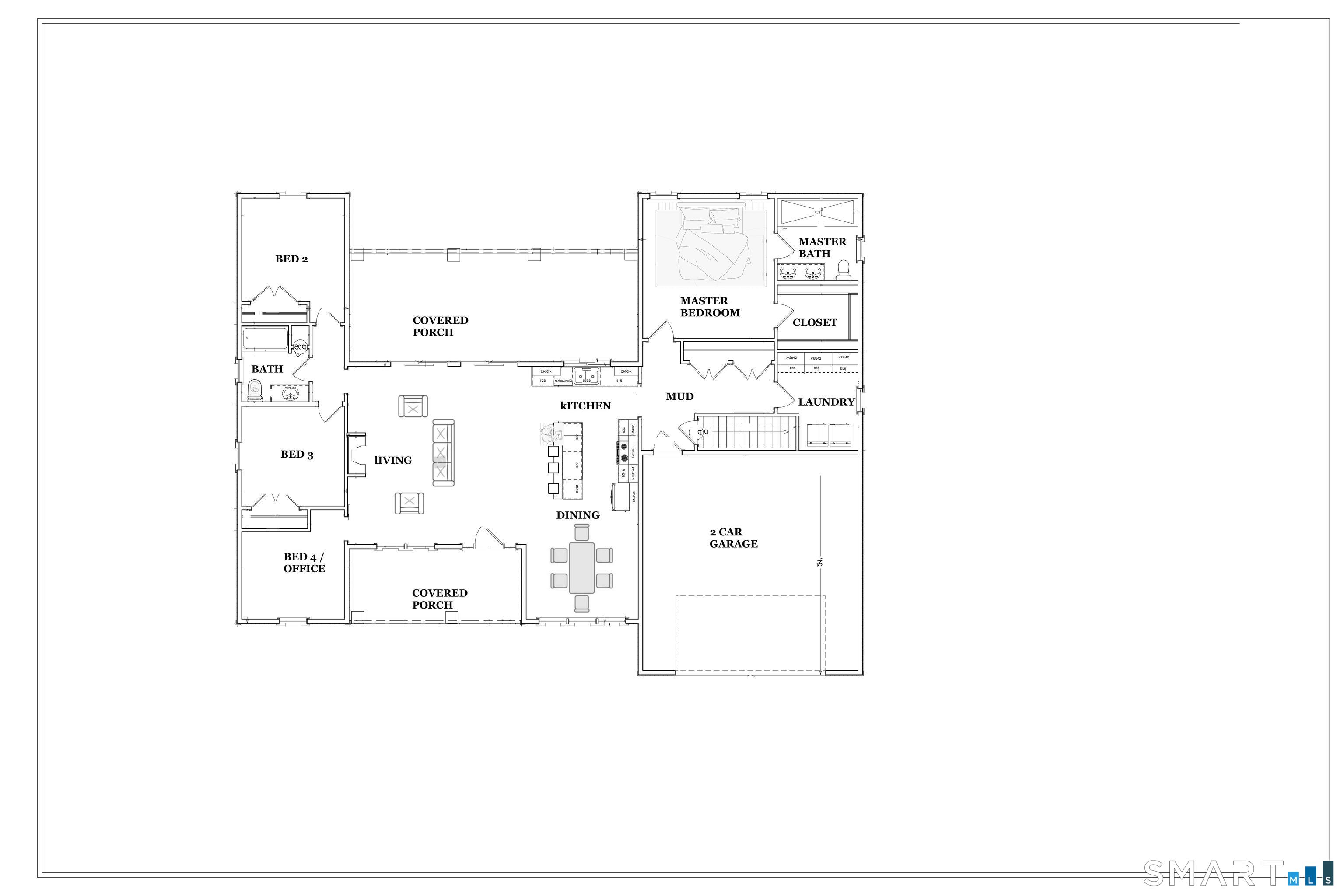 Floor plan showing four bedrooms, a central living and dining area, two covered porches, and a two-car garage.