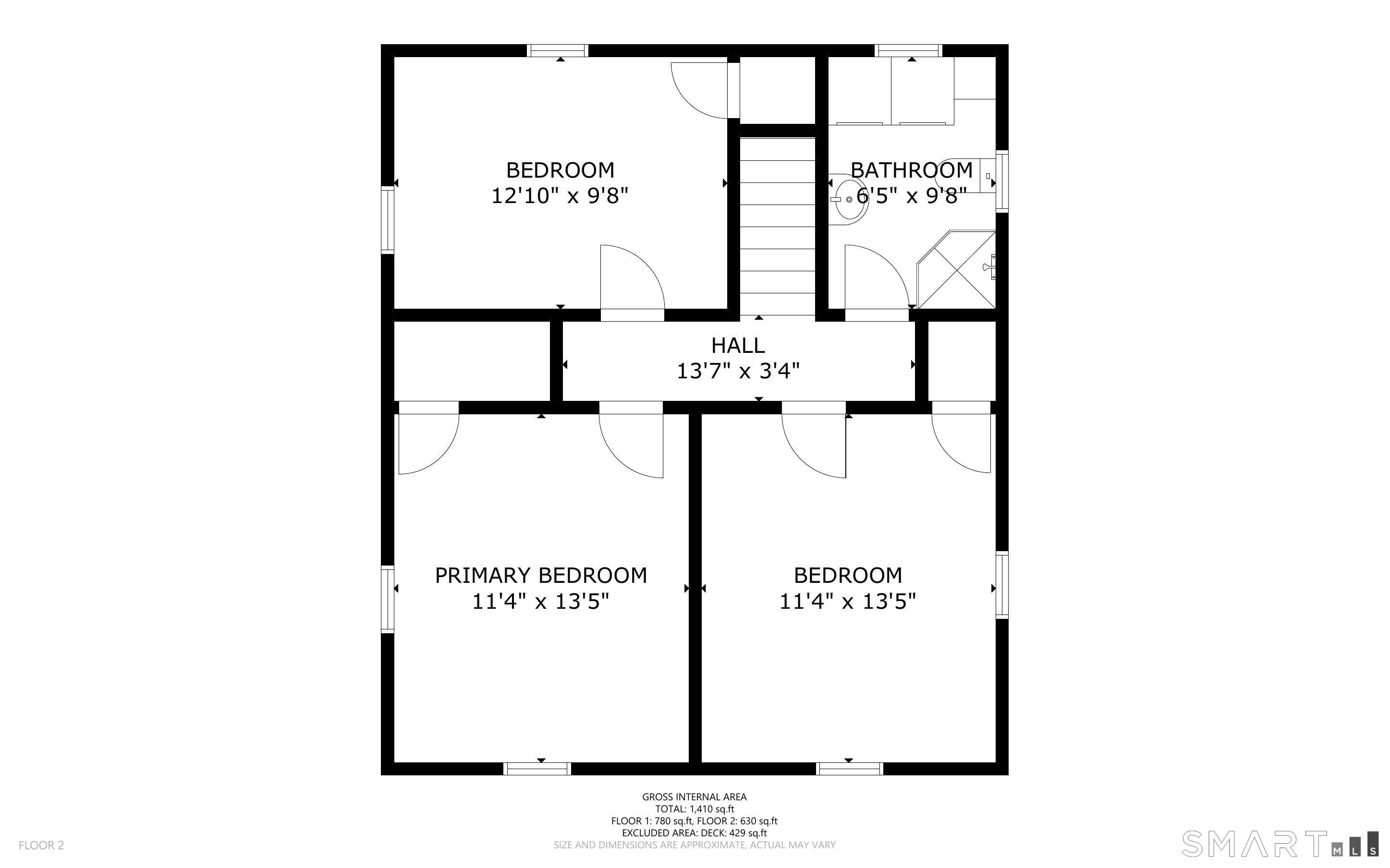 Second-floor plan with three bedrooms, a bathroom, and a hall; room dimensions and floor areas are labeled.