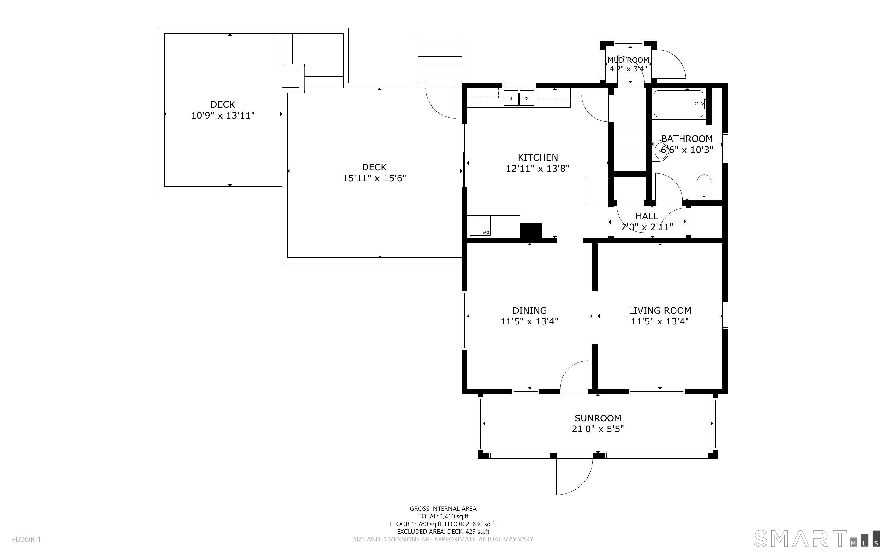 Floor plan showing the kitchen, bathroom, living and dining rooms, sunroom, mud room, and two decks.