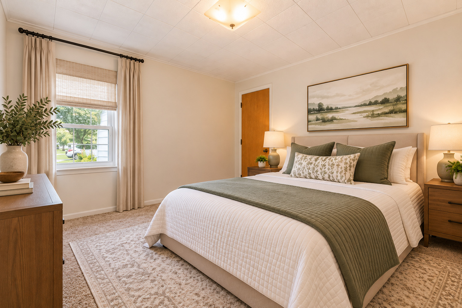Staged bedroom with a large bed, muted green throw, landscape artwork, and a curtained window.