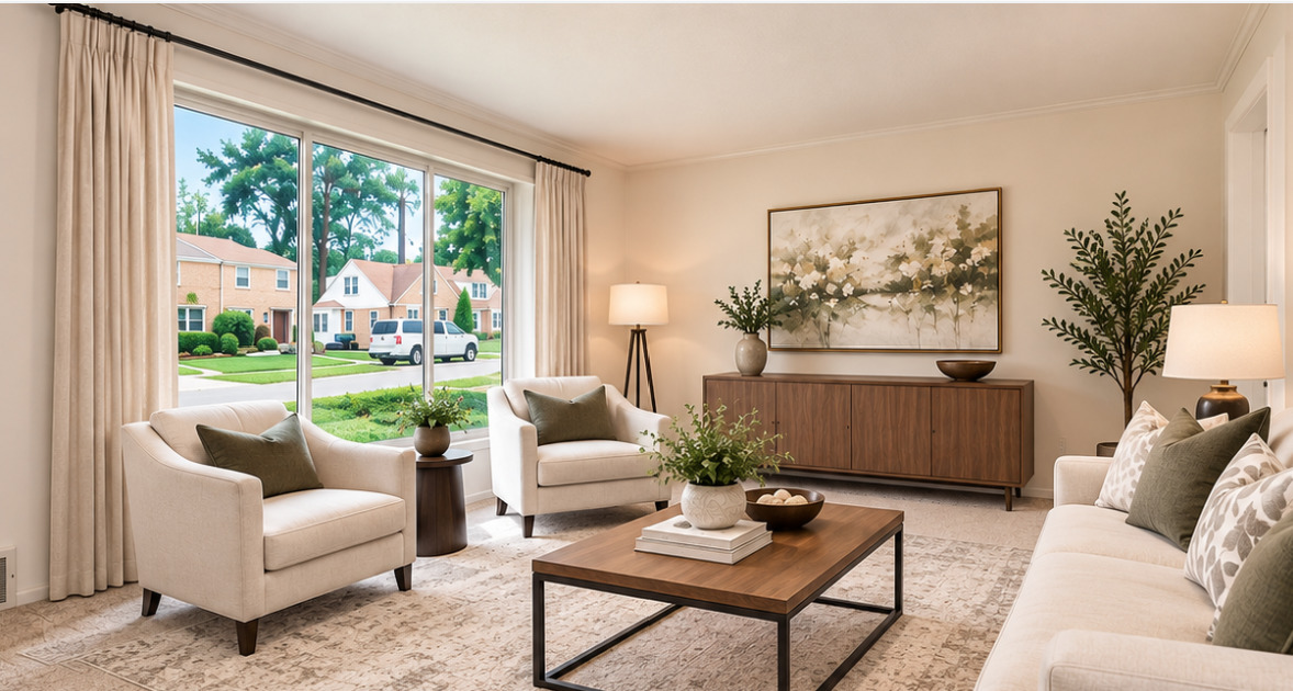 Living room with cream seating, a wood coffee table, and large windows overlooking a residential street.