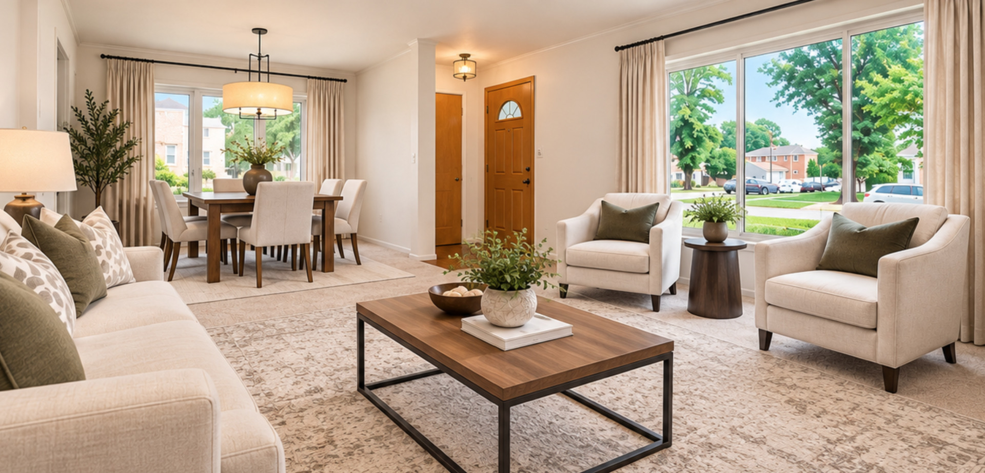 Open-plan living and dining room with cream seating and large windows overlooking a leafy street.