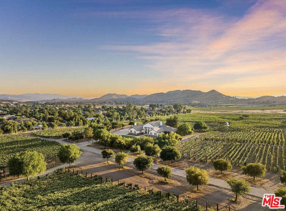 Aerial view of a home surrounded by vineyard rows, with mountains at sunset.