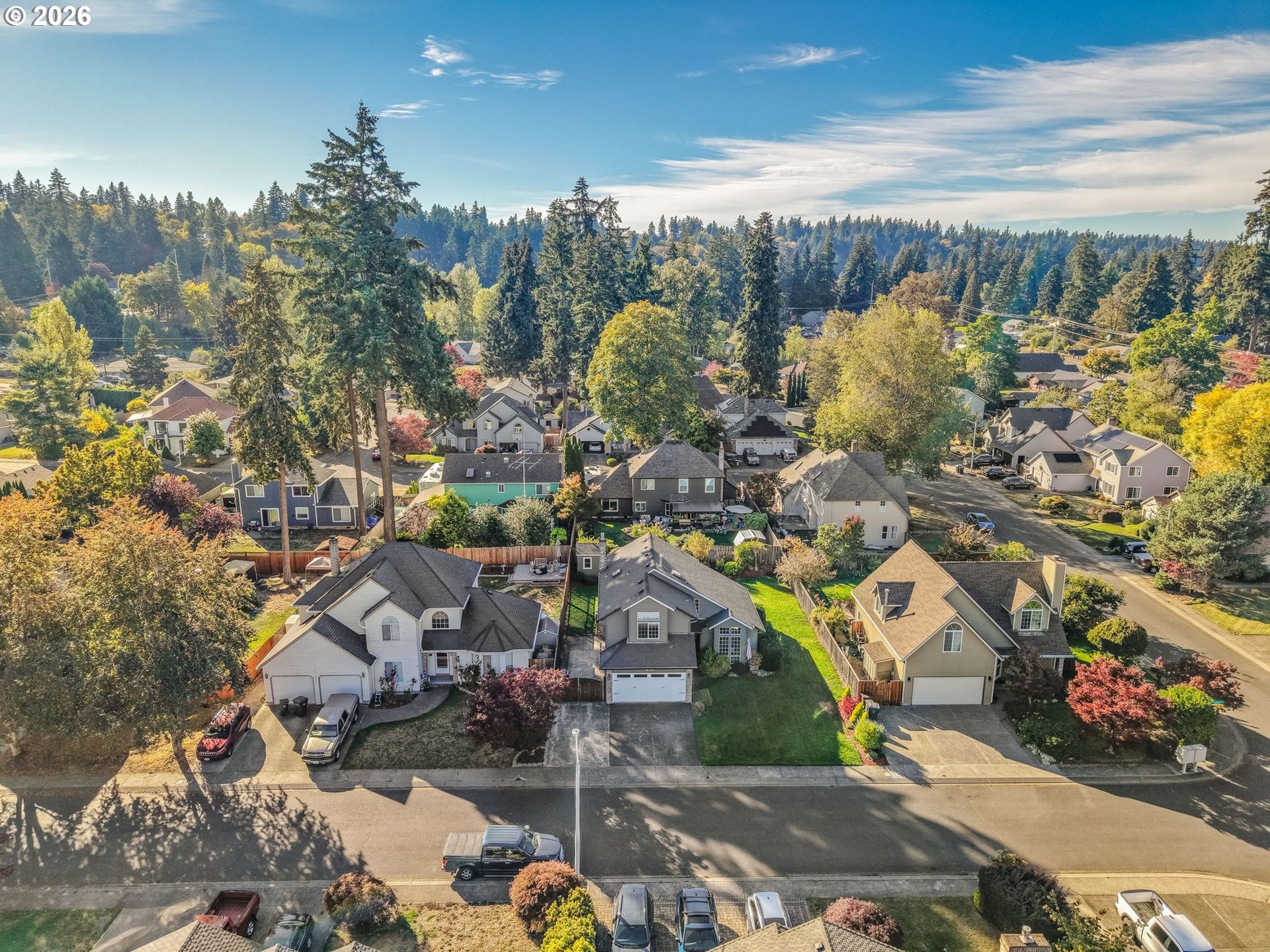 Aerial view of a tree-lined residential neighborhood with detached homes and autumn foliage.