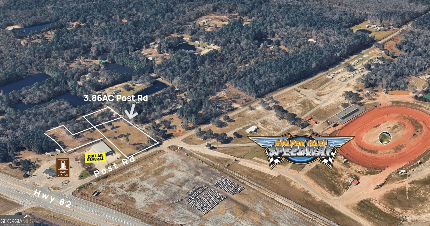 Aerial view of a 3.86-acre parcel outlined along Post Road near Golden Isles Speedway.