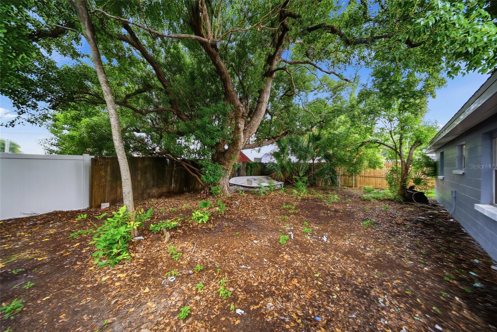 Shaded backyard with a large mature tree, fenced boundaries, and the home's blue-gray exterior.