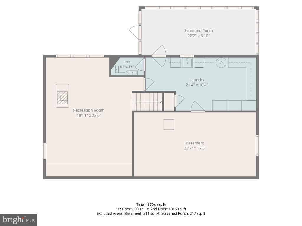 Basement floor plan with recreation room, bath, laundry, and screened porch.