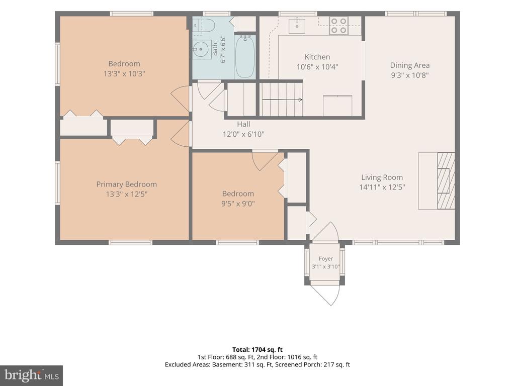 Floor plan showing three bedrooms, a kitchen, dining area, living room, bath, and foyer.