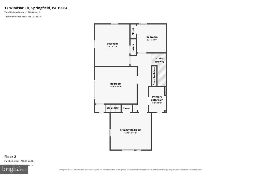 Second-floor floor plan with three bedrooms, a primary bathroom, closets, stairs, and an open-to-below area.