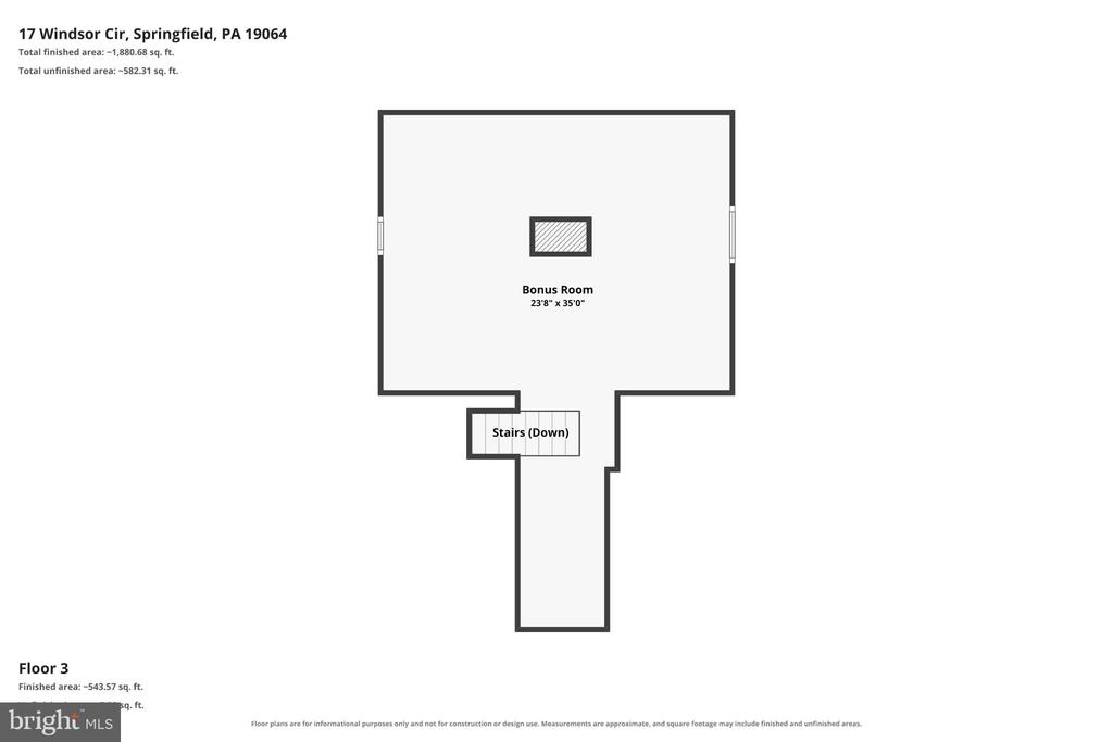 Third-floor plan showing a large bonus room and stairs leading down.
