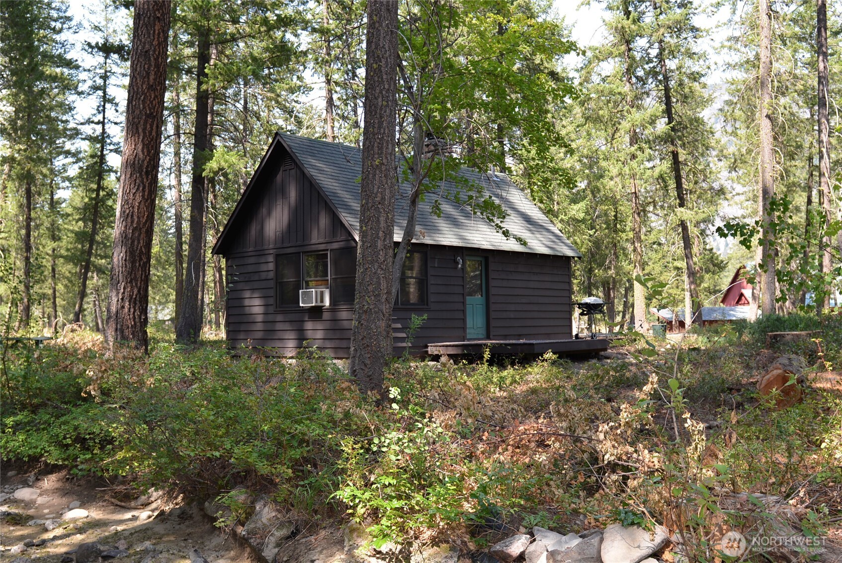 Woodland cabin with dark siding, a teal door, and a rocky creek bed in the foreground.