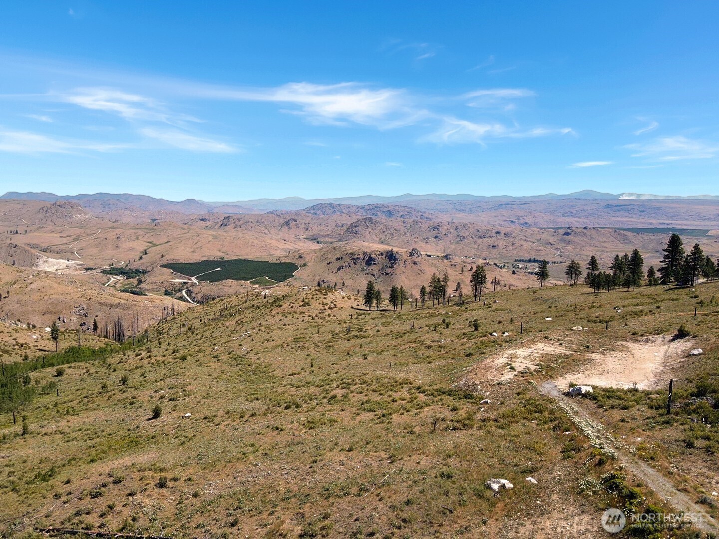 Open foothills and distant mountain ranges with a pond, scattered evergreens, and a dirt track.