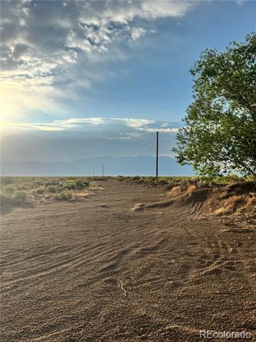Open dirt track across scrubland toward distant mountains, with a large tree at the right edge.