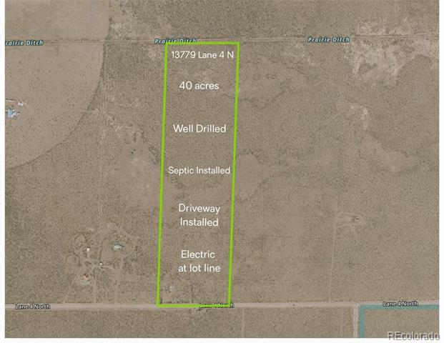 Aerial view of a 40-acre parcel outlined in green, with property improvements labeled.