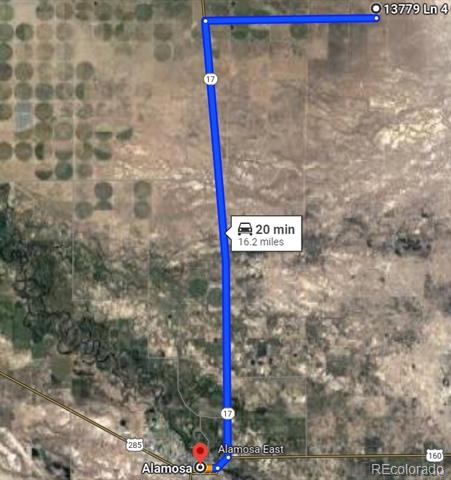 Map showing a 20-minute, 16.2-mile route from 13779 Ln 4 N toward Alamosa East.