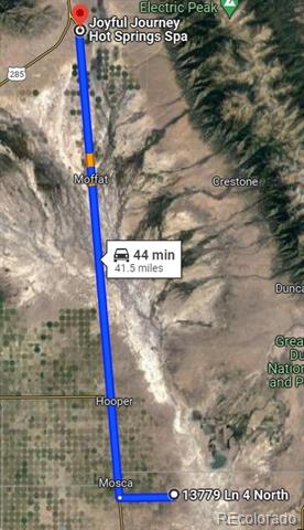 Map showing a 41.5-mile, 44-minute route from 13779 Lane 4 North to Joyful Journey Hot Springs Spa.