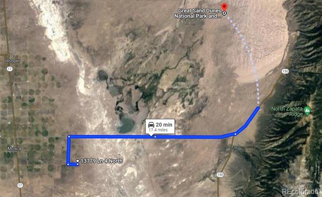 Map route from 13779 Lane 4 North near Mosca to Great Sand Dunes National Park, 17.4 miles.