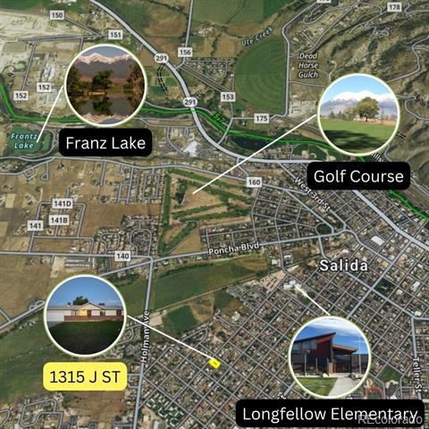 Map showing 1315 J St near Franz Lake, golf course, and Longfellow Elementary in Salida.