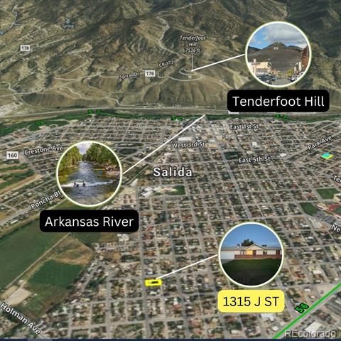 Map locating 1315 J Street in Salida, with the Arkansas River and Tenderfoot Hill marked.